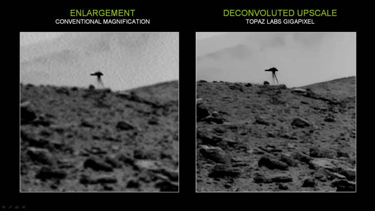 Comparison of conventional magnification vs. deconvoluted upscale (click for larger image)
