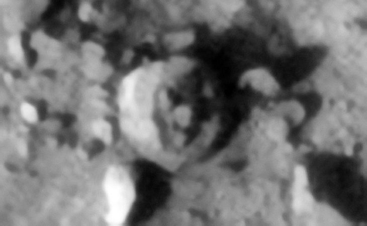 Circular megalith or craft? Note the equally sized features arranged around a larger feature in a circular pattern